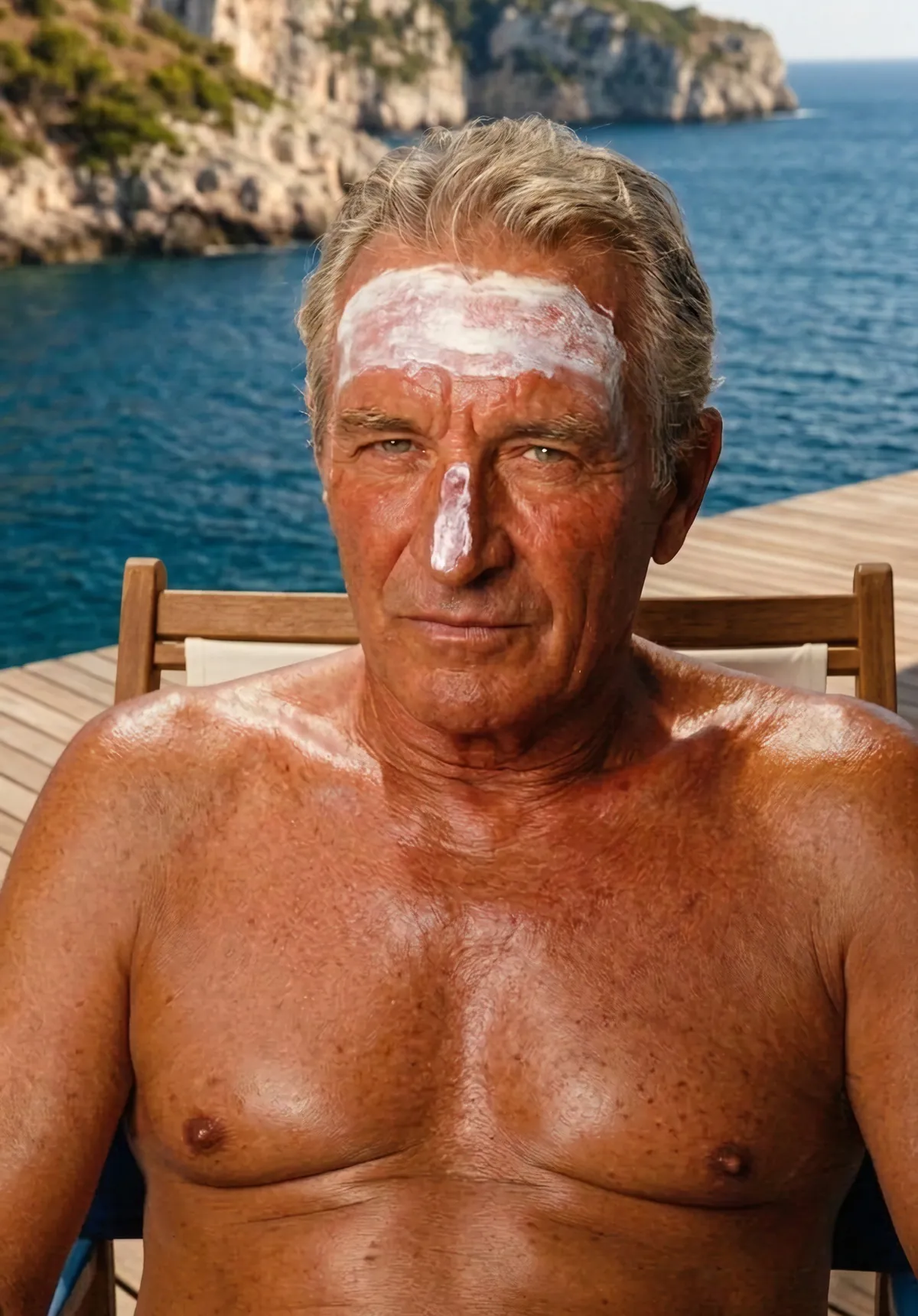 Retrato de un bañista veterano con crema solar en la cara, frente al mar