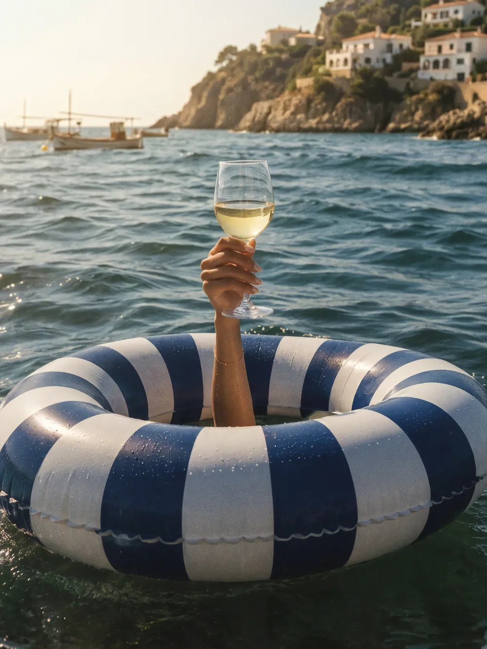 Copa de vino blanco en alto desde un flotador en el mar